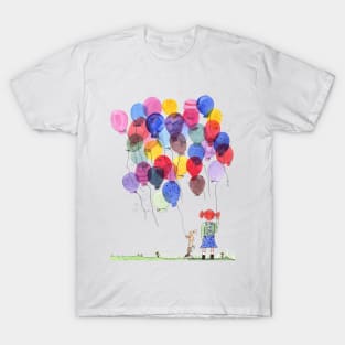 Girl with balloons whimsical watercolor illustration T-Shirt
